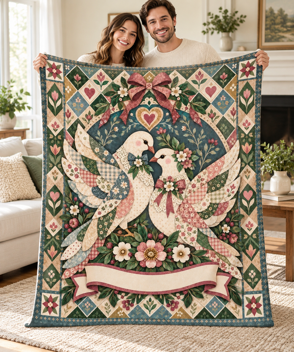 Woman holding open the Heirloom Ribbon Lovebird personalised couple name blanket