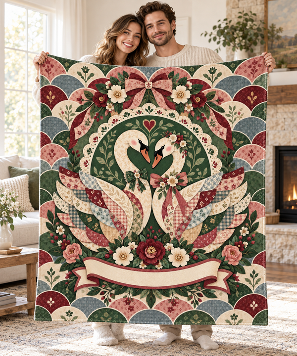 Woman holding open the Heirloom Ribbon Swan personalised couple name blanket