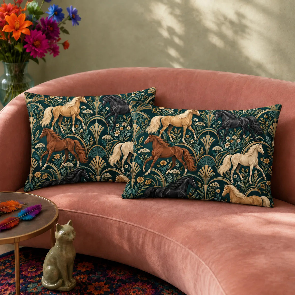 Art Deco Horse pillowcase set — palomino, chestnut and black horses between gold fan shapes and daisies on deep teal