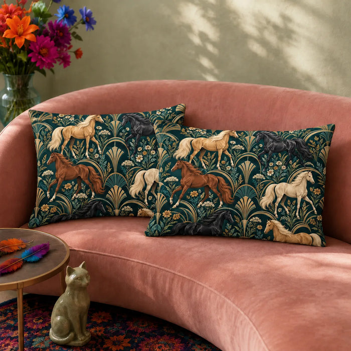 Art Deco Horse pillowcase set — palomino, chestnut and black horses between gold fan shapes and daisies on deep teal