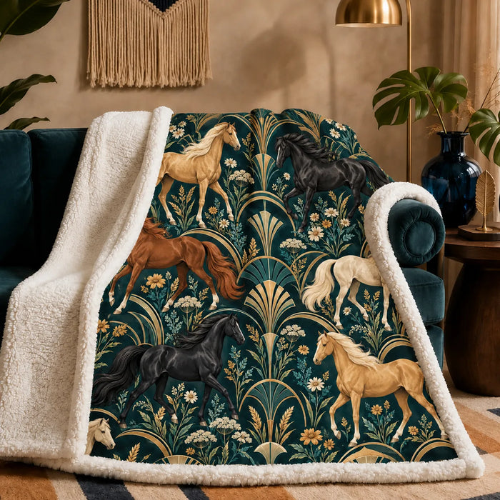 Art Deco Horse sherpa blanket — palomino, chestnut and black horses between gold fan shapes and daisies on deep teal