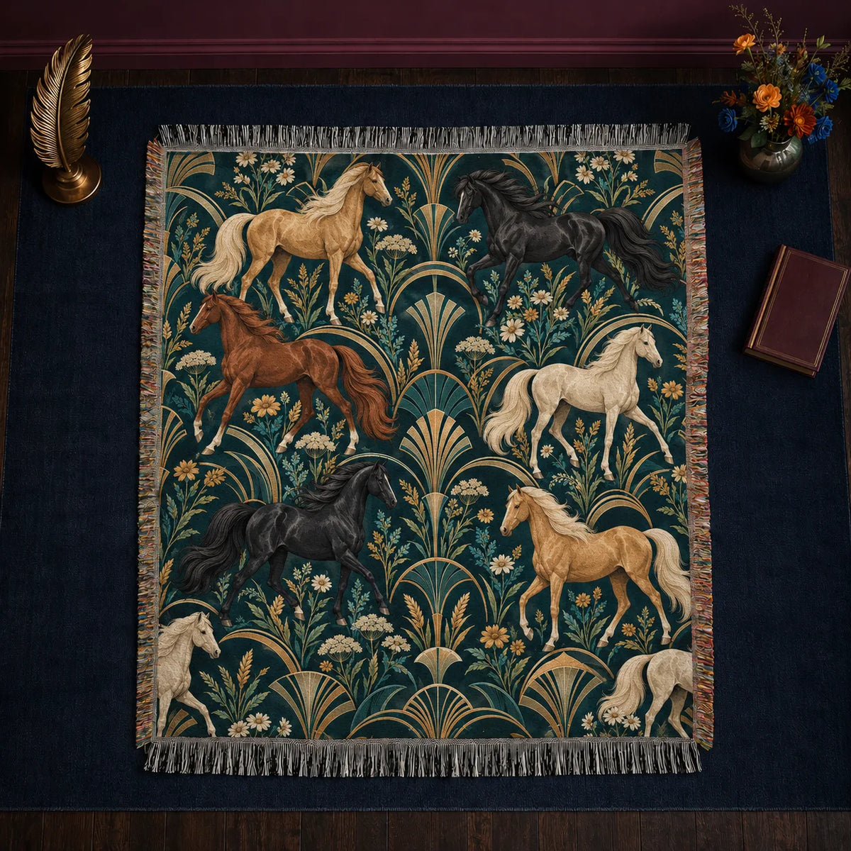 Art Deco Horse woven throw blanket — palomino, chestnut and black horses between gold fan shapes and daisies on deep teal