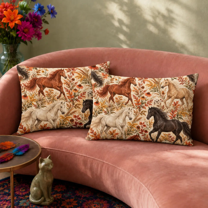 Autumn Copper Horse pillowcase set — copper, palomino and white horses among rust leaves, coneflowers and goldenrod on cream