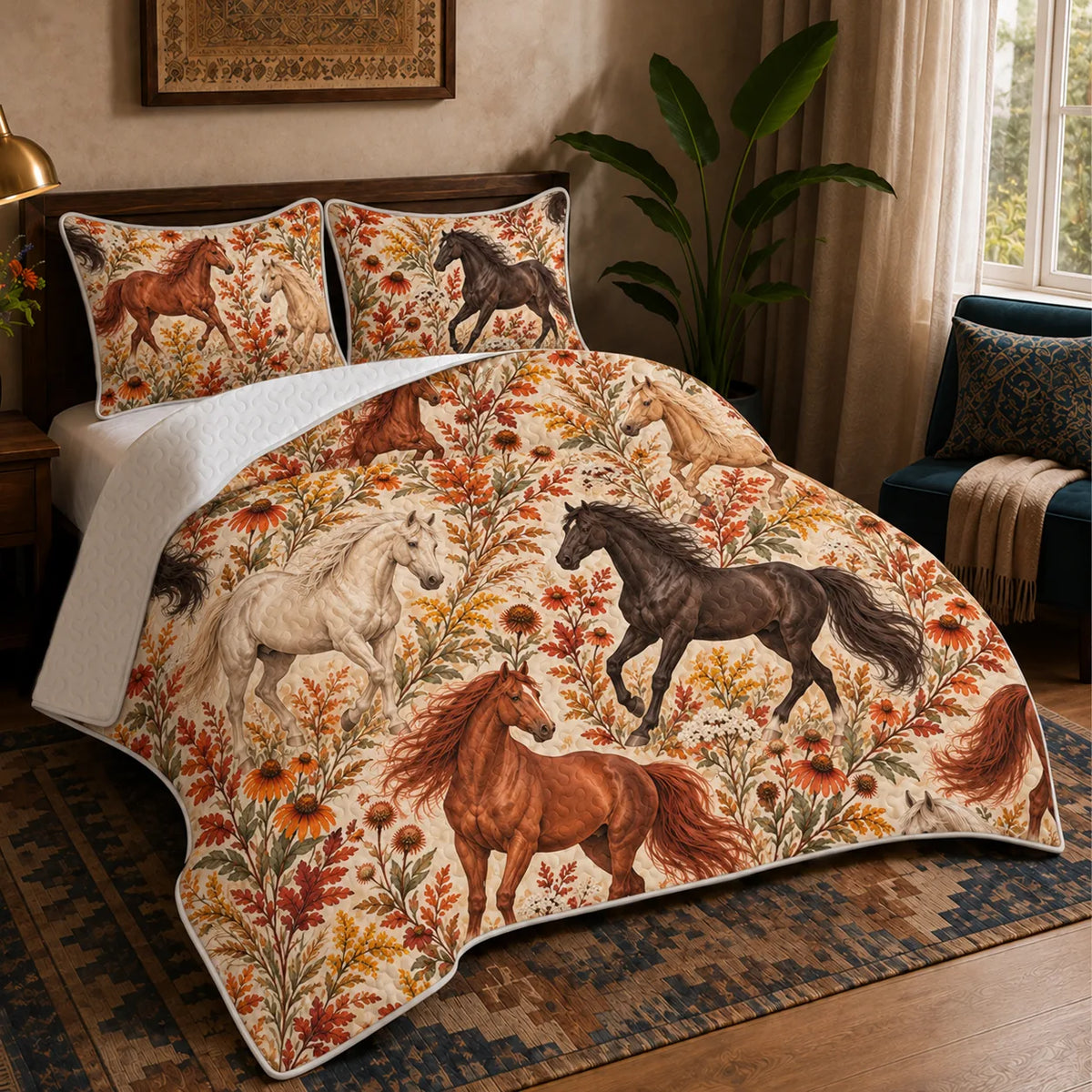 Autumn Copper Horse quilt set — copper, palomino and white horses among rust leaves, coneflowers and goldenrod on cream