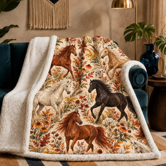 Autumn Copper Horse sherpa blanket — copper, palomino and white horses among rust leaves, coneflowers and goldenrod on cream