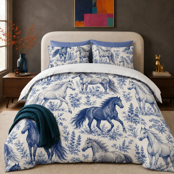 Blue Toile Horse comforter set — blue engraved horses standing and galloping among lupines and wildflowers on cream
