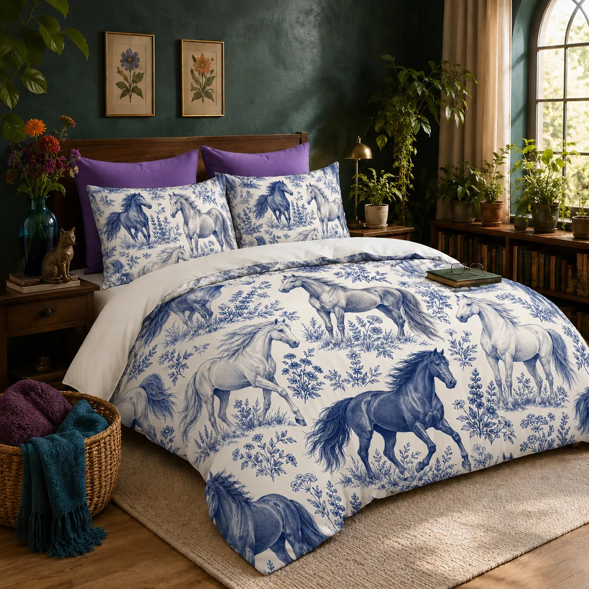 Blue Toile Horse duvet cover set — blue engraved horses standing and galloping among lupines and wildflowers on cream
