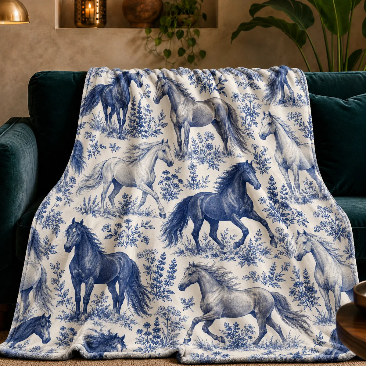 Blue Toile Horse fleece throw blanket — blue engraved horses standing and galloping among lupines and wildflowers on cream