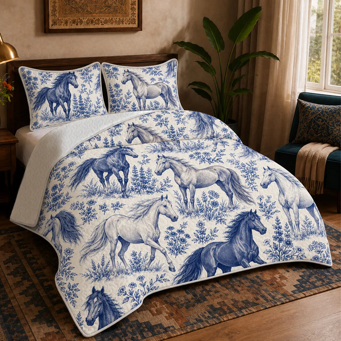 Blue Toile Horse quilt set — blue engraved horses standing and galloping among lupines and wildflowers on cream