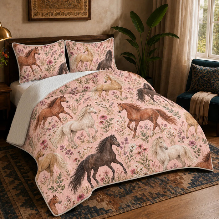 Blush Meadow Horse quilt set — chestnut, bay and cream horses among pink coneflowers and lavender sprigs on blush