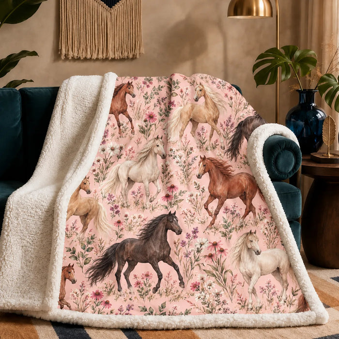 Blush Meadow Horse sherpa blanket — chestnut, bay and cream horses among pink coneflowers and lavender sprigs on blush