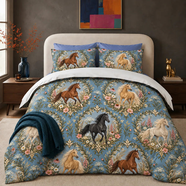 Botanical Medallions Horse comforter set — chestnut, palomino and black horses in leafy oval medallions with pink flowers on chambray blue
