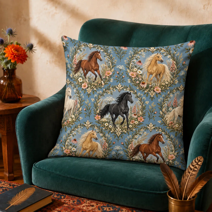 Botanical Medallions Horse cushion cover set — chestnut, palomino and black horses in leafy oval medallions with pink flowers on chambray blue