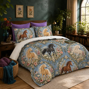 Botanical Medallions Horse duvet cover set — chestnut, palomino and black horses in leafy oval medallions with pink flowers on chambray blue