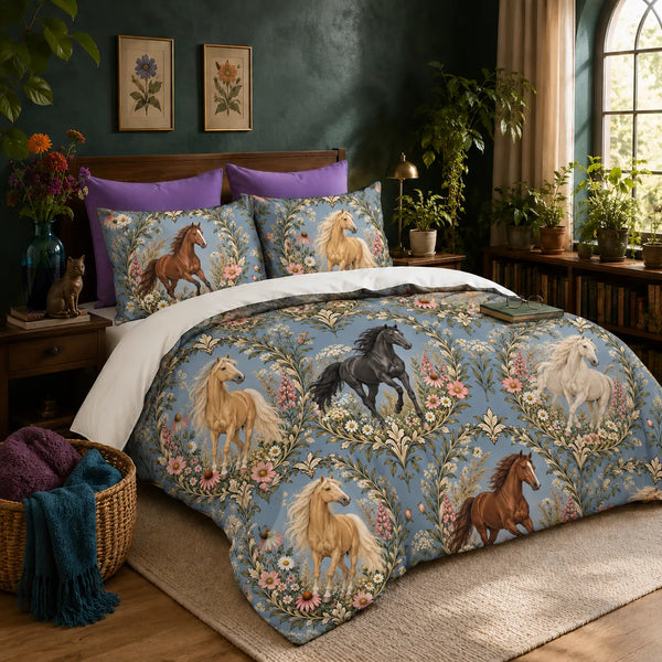 Botanical Medallions Horse duvet cover set — chestnut, palomino and black horses in leafy oval medallions with pink flowers on chambray blue