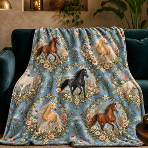 Botanical Medallions Horse fleece throw blanket — chestnut, palomino and black horses in leafy oval medallions with pink flowers on chambray blue
