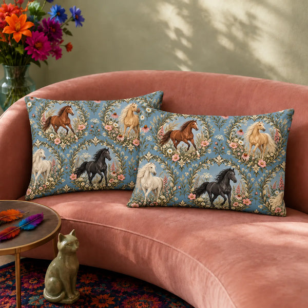 Botanical Medallions Horse pillowcase set — chestnut, palomino and black horses in leafy oval medallions with pink flowers on chambray blue
