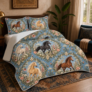 Botanical Medallions Horse quilt set — chestnut, palomino and black horses in leafy oval medallions with pink flowers on chambray blue