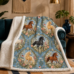 Botanical Medallions Horse sherpa blanket — chestnut, palomino and black horses in leafy oval medallions with pink flowers on chambray blue