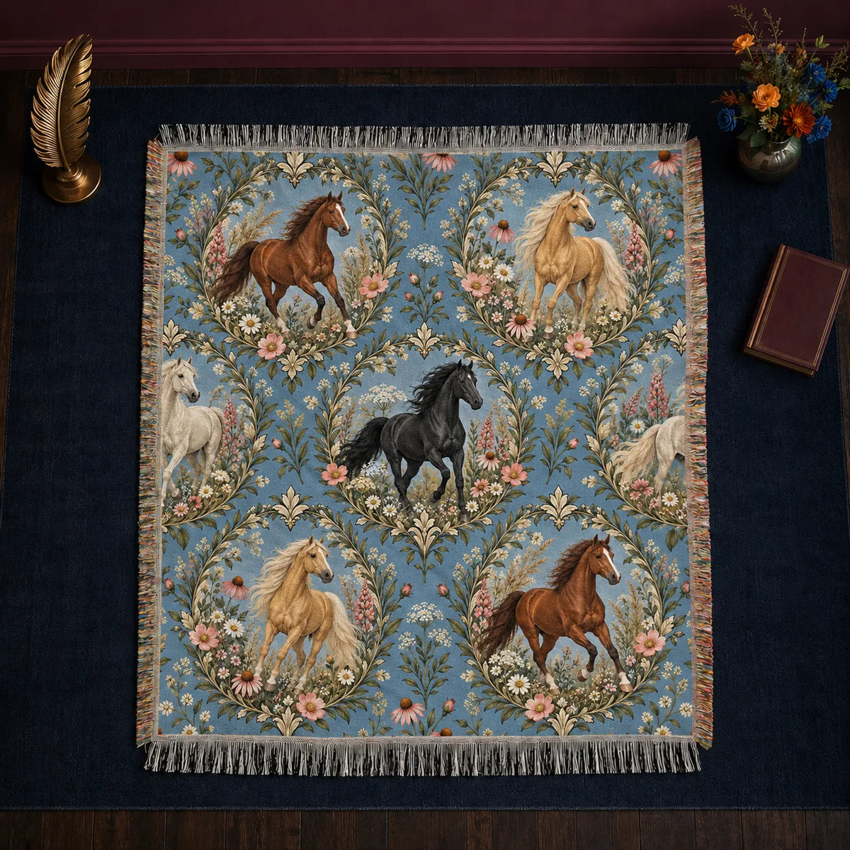Botanical Medallions Horse woven throw blanket — chestnut, palomino and black horses in leafy oval medallions with pink flowers on chambray blue