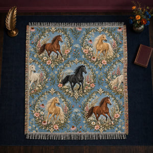 Botanical Medallions Horse woven throw blanket — chestnut, palomino and black horses in leafy oval medallions with pink flowers on chambray blue
