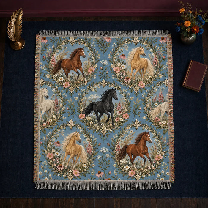 Botanical Medallions Horse woven throw blanket — chestnut, palomino and black horses in leafy oval medallions with pink flowers on chambray blue
