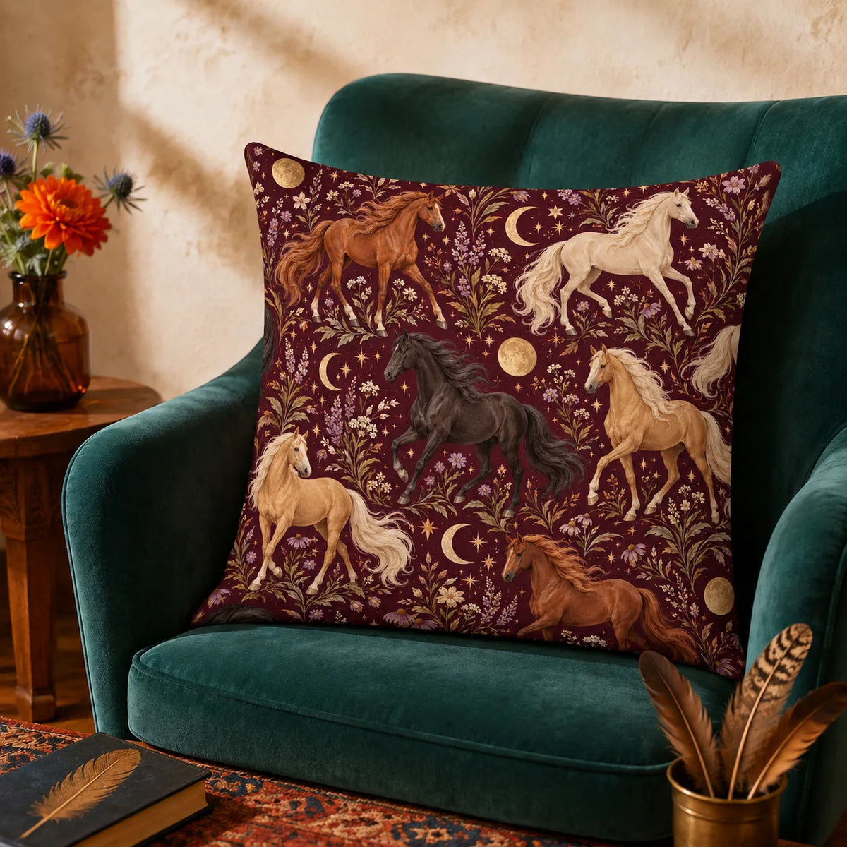 Burgundy Night Horse cushion cover set — palomino, chestnut and black horses with gold moons, stars and lilac flowers on burgundy
