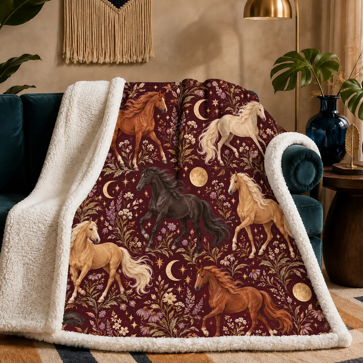 Burgundy Night Horse sherpa blanket — palomino, chestnut and black horses with gold moons, stars and lilac flowers on burgundy