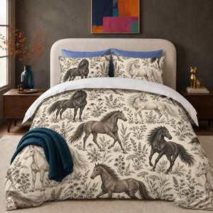 Charcoal Engraving Horse comforter set — charcoal, gray-brown and pale gray engraved horses among wildflowers on cream