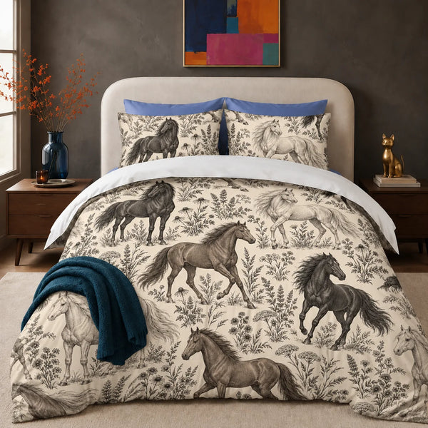 Charcoal Engraving Horse comforter set — charcoal, gray-brown and pale gray engraved horses among wildflowers on cream