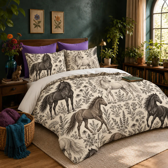 Charcoal Engraving Horse duvet cover set — charcoal, gray-brown and pale gray engraved horses among wildflowers on cream