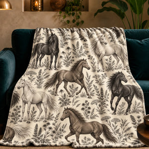 Charcoal Engraving Horse fleece throw blanket — charcoal, gray-brown and pale gray engraved horses among wildflowers on cream