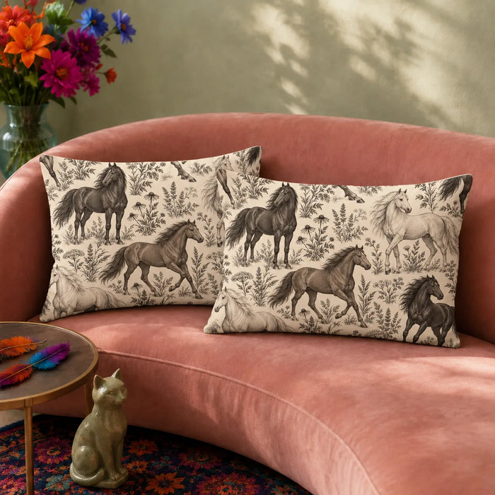 Charcoal Engraving Horse pillowcase set — charcoal, gray-brown and pale gray engraved horses among wildflowers on cream