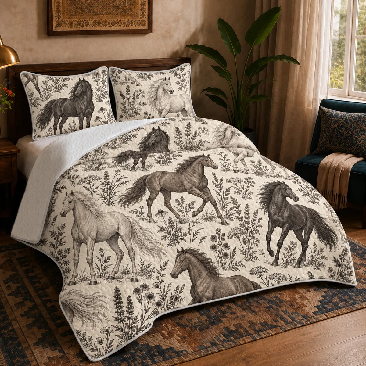 Charcoal Engraving Horse quilt set — charcoal, gray-brown and pale gray engraved horses among wildflowers on cream
