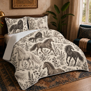 Charcoal Engraving Horse quilt set — charcoal, gray-brown and pale gray engraved horses among wildflowers on cream