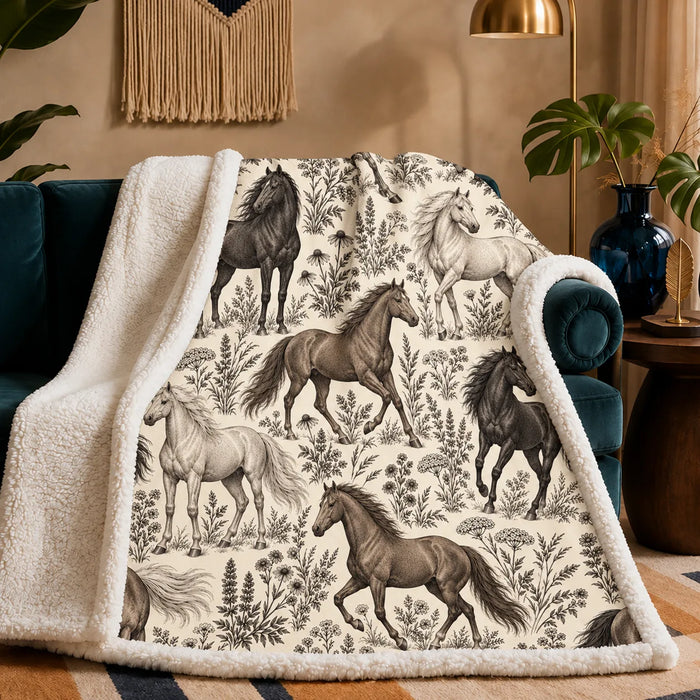 Charcoal Engraving Horse sherpa blanket — charcoal, gray-brown and pale gray engraved horses among wildflowers on cream