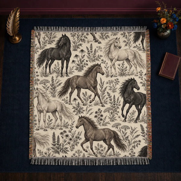 Charcoal Engraving Horse woven throw blanket — charcoal, gray-brown and pale gray engraved horses among wildflowers on cream