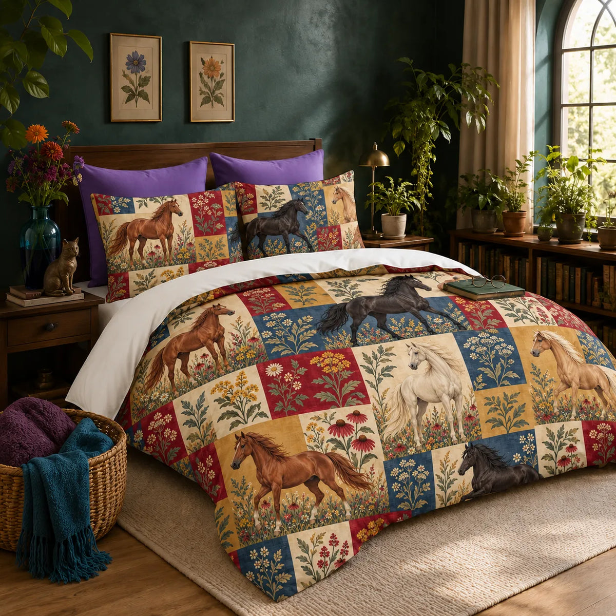 Heirloom Patchwork Horse duvet cover set — chestnut, black and cream horses in red, navy, mustard and cream patchwork squares