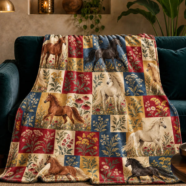 Heirloom Patchwork Horse fleece throw blanket — chestnut, black and cream horses in red, navy, mustard and cream patchwork squares