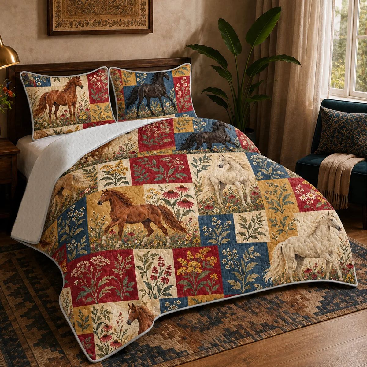 Heirloom Patchwork Horse quilt set — chestnut, black and cream horses in red, navy, mustard and cream patchwork squares