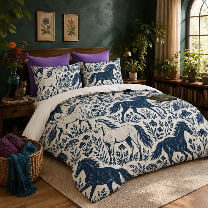 Indigo Block Print Horse duvet cover set — solid indigo and outlined cream horses among coneflowers and leafy sprigs on cream