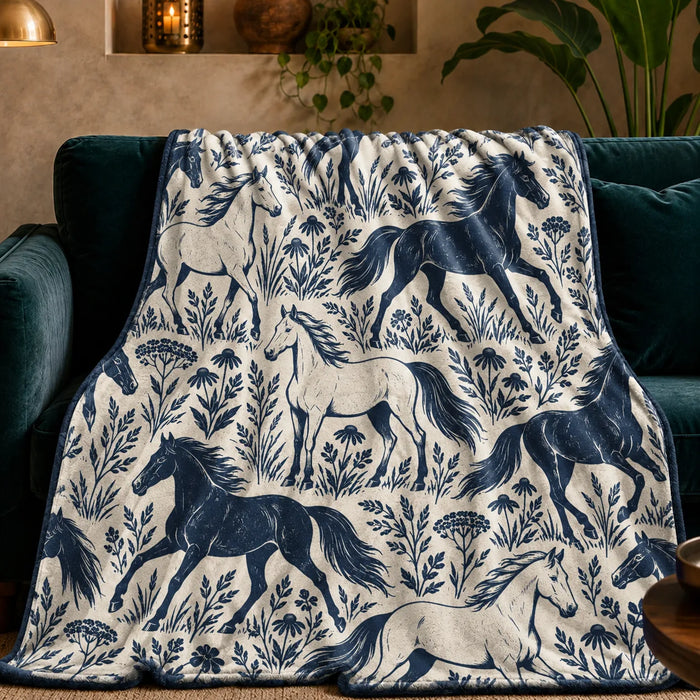 Indigo Block Print Horse fleece throw blanket — solid indigo and outlined cream horses among coneflowers and leafy sprigs on cream