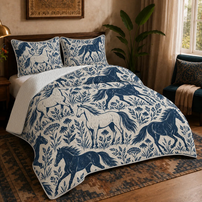 Indigo Block Print Horse quilt set — solid indigo and outlined cream horses among coneflowers and leafy sprigs on cream