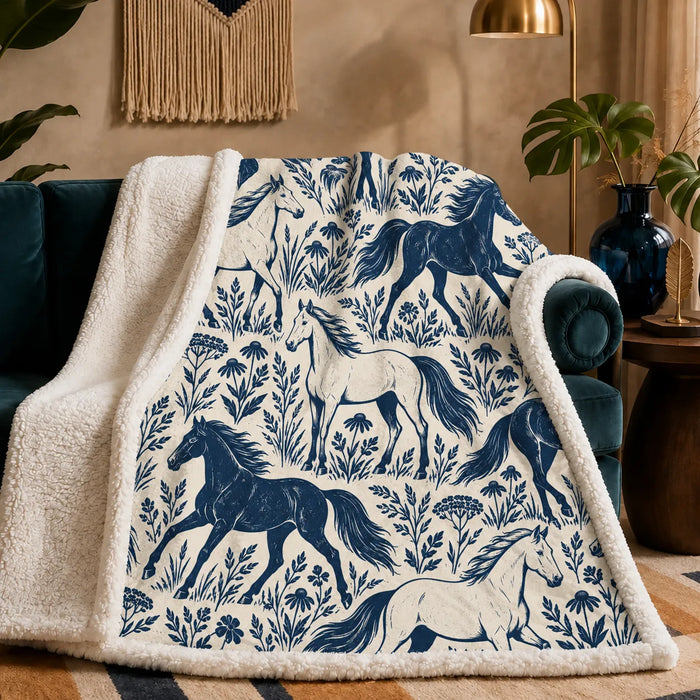 Indigo Block Print Horse sherpa blanket — solid indigo and outlined cream horses among coneflowers and leafy sprigs on cream