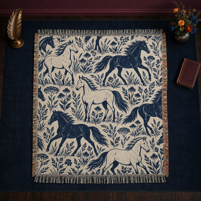 Indigo Block Print Horse woven throw blanket — solid indigo and outlined cream horses among coneflowers and leafy sprigs on cream