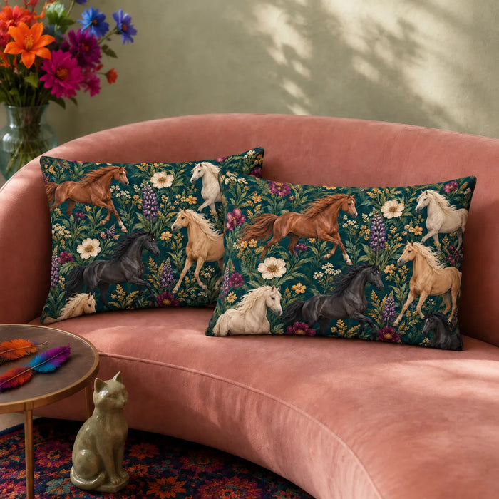 Jewel Botanical Horse pillowcase set — chestnut, black and palomino horses among purple lupines and plum blooms on deep teal