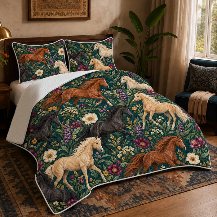 Jewel Botanical Horse quilt set — chestnut, black and palomino horses among purple lupines and plum blooms on deep teal