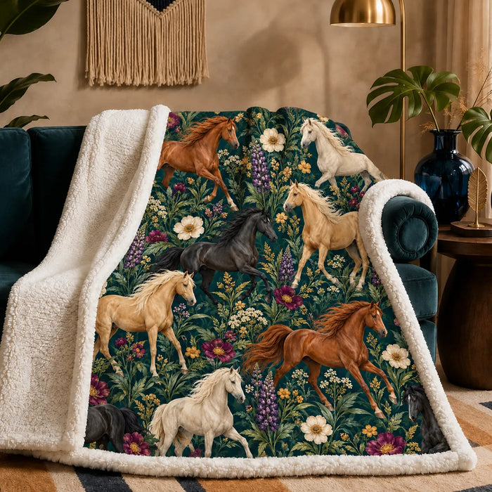 Jewel Botanical Horse sherpa blanket — chestnut, black and palomino horses among purple lupines and plum blooms on deep teal