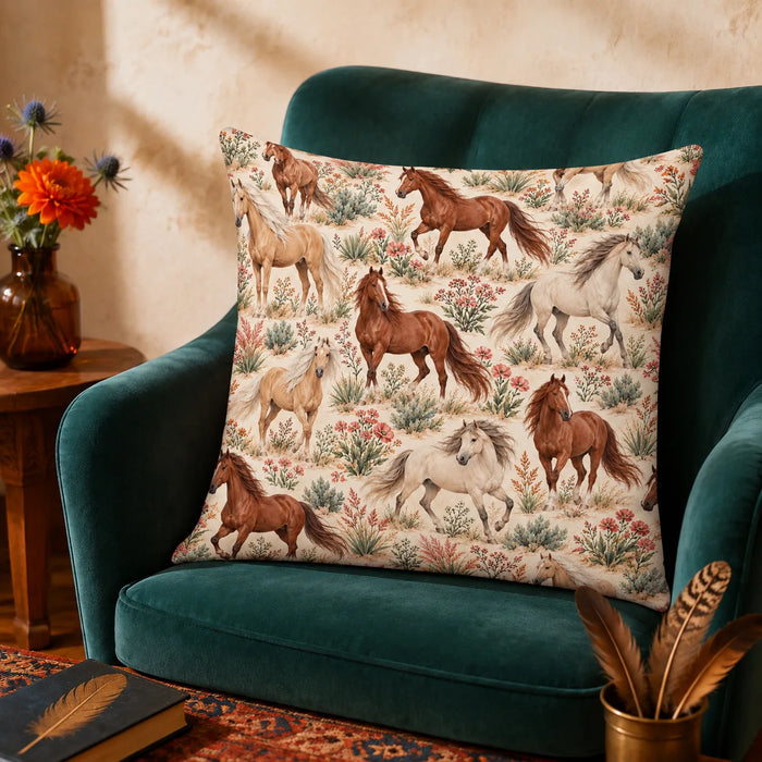 Desert Bloom Horse cushion cover set — chestnut, palomino and gray horses among sagebrush and coral wildflowers on cream