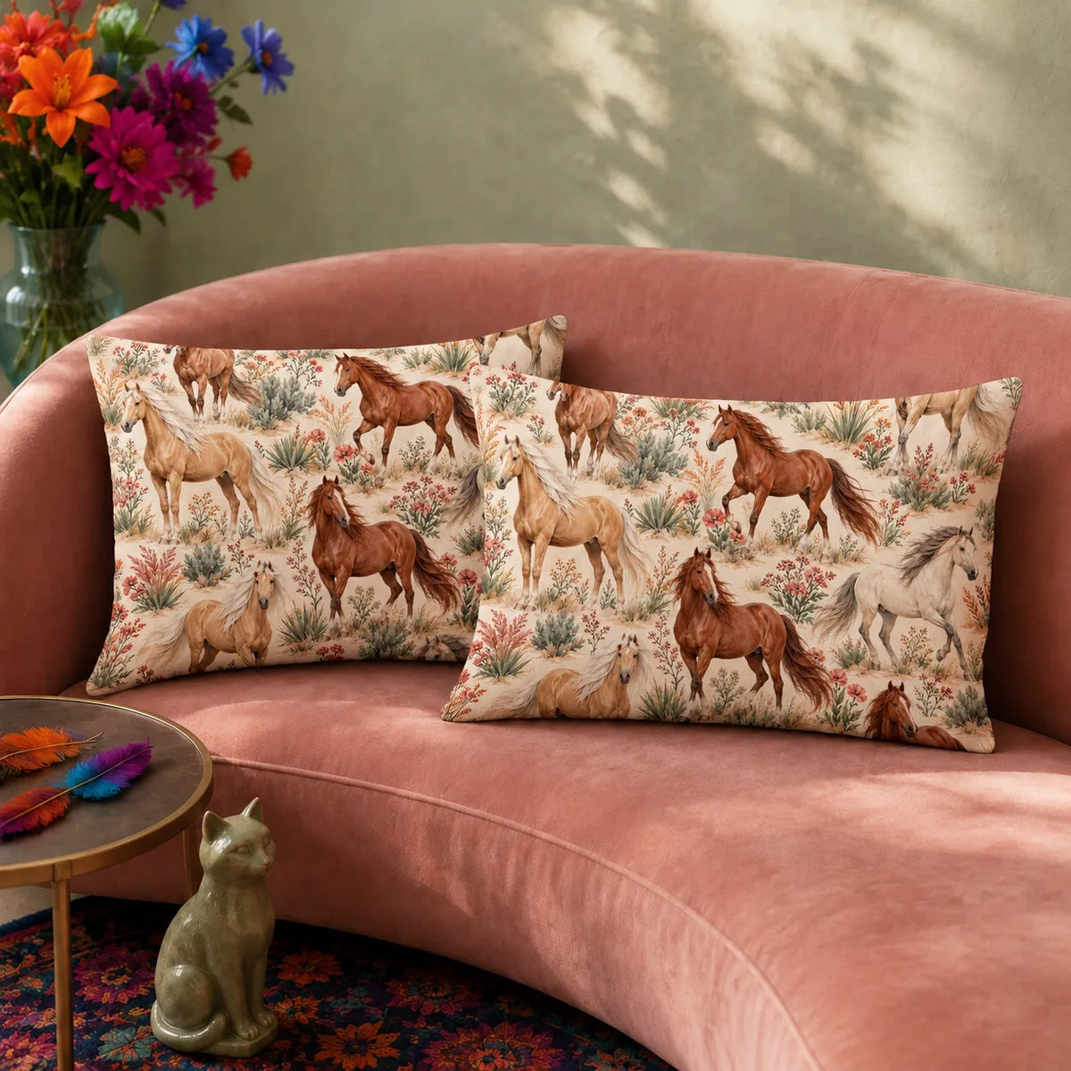 Desert Bloom Horse pillowcase set — chestnut, palomino and gray horses among sagebrush and coral wildflowers on cream